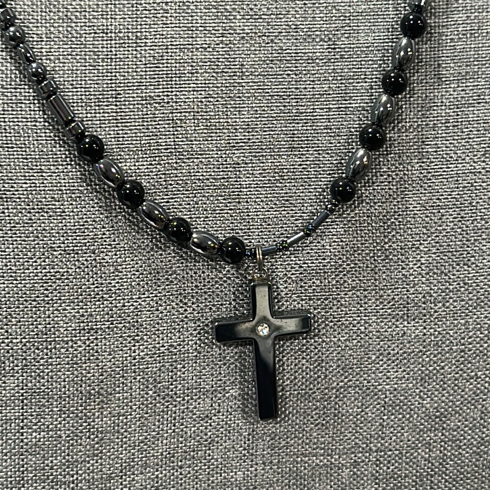 Hematite Slovakian Crystal Cross Pendant Necklace - Picture 1 of 9